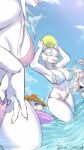  anthro bikini breasts canid canine claws clothing detailed_background eyes_closed eyewear fangs female fox fur glasses group hair hi_res mammal open_mouth open_smile panties sincrescent smile swimwear underwear water white_body white_fur white_hair 