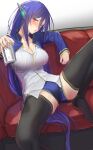  1girl black_legwear blue_hair blush breasts cleavage cosmic_break couch eyebrows_visible_through_hair giving highres large_breasts long_hair long_sleeves looking_at_viewer nebel pallad parted_lips red_eyes shirt sitting solo spread_legs thighs very_long_hair white_shirt 