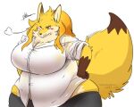  2022 anthro big_breasts black_nose blonde_hair blush blush_lines breasts brown_hands brown_tail_tip canid canine cheek_tuft chest_tuft clothed clothing digital_drawing_(artwork) digital_media_(artwork) dress_shirt facial_tuft female fingers fist fox fur hair huge_breasts humanoid_hands kemono long_hair mammal orange_hair overweight overweight_anthro overweight_female portrait pukkunnnn rolled_up_sleeves shirt signature simple_background solo tan_body tan_fur tight_clothing tight_shirt tight_topwear topwear tuft white_background white_clothing white_shirt white_topwear yellow_body yellow_fur yellow_tail 