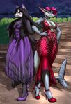  4322chan anthro big_breasts black_body black_fur black_hair breasts canid canine clothed clothing detailed_background dress duo female fish fox fur grey_body hair hi_res hybrid looking_at_viewer mammal marine pink_hair pose prom pumps shark smile smiling_at_viewer undead 