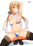  1girl american_flag_bikini arm_up armpits ayuman bikini black_bow black_footwear blush boots bow breasts brown_eyes brown_hair closed_mouth dated flag_print hair_between_eyes hair_bow hair_ornament hairclip kantai_collection long_hair low_twintails scarf signature simple_background small_breasts solo star_(symbol) star_print swimsuit tashkent_(kancolle) thigh_boots thighhighs torn_clothes torn_scarf twintails white_background white_scarf 