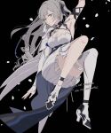  1girl armpits bangs black_background bronya_zaychik bronya_zaychik_(silverwing:_n-ex) closed_mouth dress drill_hair earrings full_body grey_eyes grey_hair high_heels highres honkai_(series) honkai_impact_3rd jewelry kanadome3 long_hair looking_at_viewer simple_background single_sleeve single_thighhigh sleeveless sleeveless_dress thighhighs twin_drills white_dress white_legwear white_sleeves 