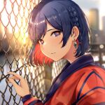  1girl blue_eyes braid chain-link_fence colored_inner_hair earrings fence fingernails highres hisao_0111 jewelry kamitsubaki_studio lens_flare looking_at_viewer multicolored_hair outdoors parted_lips red_hair rim_(kamitsubaki_studio) short_hair solo sunlight two-tone_hair virtual_youtuber 