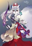  anthro arrow_(weapon) bow_(weapon) canid canine canis female fur grey_body grey_fur hakuro_(onmyoji) hi_res katana lemoco looking_at_viewer mammal melee_weapon ranged_weapon red_eyes solo sword weapon white_body white_fur wolf 