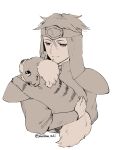  1girl armor cleo_(suikoden) closed_mouth crossover gensou_suikoden gensou_suikoden_i greyscale growlithe headband highres holding monochrome pokemon pokemon_(creature) sakai_(motomei) short_hair simple_background smile white_background 