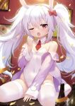  absurdres animal_ears azur_lane bare_shoulders between_legs bottle breasts confetti covered_navel cup detached_collar drinking_glass fake_animal_ears groin hand_between_legs hand_to_own_mouth highleg highleg_leotard highres indoors jacket laffey_(azur_lane) leotard long_hair necktie off_shoulder one_eye_closed open_mouth pink_jacket playboy_bunny rabbit_ears red_eyes red_neckwear silver_hair sitting small_breasts strapless strapless_leotard taku_michi thighhighs thighs twintails very_long_hair white_legwear white_leotard wine_bottle wine_glass yawning 