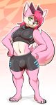  anthro athletic athletic_male bulge canid canine canis clothed clothing digital_media_(artwork) domestic_dog fur green_eyes hair hands_on_hips hi_res horn husky hybrid looking_at_viewer lyme-slyme male mammal nordic_sled_dog pecs pink_body pink_fur pink_hair simple_background sion_allona smile smiling_at_viewer solo spitz tight_clothing 