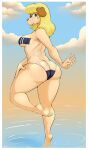  anthro big_butt blonde_hair blue_eyes breasts butt canid canine canis clothing domestic_dog female gris_swimsuit hair hi_res looking_at_viewer looking_back looking_back_at_viewer mammal meme meme_clothing mrs._hudson nightfaux one-piece_swimsuit partially_submerged pinup pose raised_leg side_boob solo swimwear tan_body tan_skin thick_thighs translucent translucent_clothing translucent_swimwear water wide_hips 