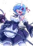  1girl absurdres angry apron ball_and_chain_(weapon) blood blood_on_face blue_eyes blue_hair breasts bright_pupils commentary_request cowboy_shot detached_sleeves facing_viewer glowing glowing_horns hair_over_one_eye hair_ribbon highres holding holding_weapon horns long_sleeves lower_teeth maid maid_apron medium_breasts open_mouth re:zero_kara_hajimeru_isekai_seikatsu rem_(re:zero) ribbon roswaal_mansion_maid_uniform short_hair simple_background single_horn solo teeth tongue totot-ss upper_teeth weapon white_background white_legwear white_pupils 