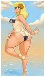  anthro big_butt blonde_hair blue_eyes breasts butt canid canine canis clothing domestic_dog female gris_swimsuit hair hi_res looking_at_viewer looking_back looking_back_at_viewer mammal meme meme_clothing mrs._hudson nightfaux one-piece_swimsuit partially_submerged pinup pose raised_leg side_boob solo suntan swimwear tan_body tan_line tan_skin thick_thighs translucent translucent_clothing translucent_swimwear water wide_hips 