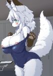  2022 5_fingers anthro areola areola_slip big_breasts black_nose blush breasts brown_body brown_fur canid canine chest_tuft claws cleavage clipboard clothed clothing curvy_figure dipstick_ears embarrassed female finger_claws fingers fluffy fluffy_tail fox fur gloves_(marking) green_eyes hair hi_res huge_breasts inner_ear_fluff kemono koorinezumi locker locker_room long_hair looking_at_viewer mammal markings multicolored_ears nipple_slip one-piece_swimsuit pawpads paws portrait school_swimsuit silver_hair solo swimwear thick_thighs three-quarter_portrait tight_clothing tuft voluptuous whistle_(object) white_body white_fur wide_hips winter_coat 