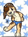  2015 anthro biped black_nose blep blue_clothing blue_underwear blush boxer_briefs brown_body brown_ears brown_fur brown_hair canid canine cheek_tuft chest_tuft clothing digitigrade facial_tuft floppy_ears fur gaokun grey_inner_ear hair inner_ear_fluff looking_aside male mammal one_eye_closed one_leg_up orange_eyes raised_leg simple_background solo star tan_body tan_fur tongue tongue_out tuft underwear watermark white_body white_fur wink 