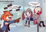  anthro big_butt big_ears blush butt canid canine clothing dialogue disney duo female fox gesture grey_body hanging_by_wedgie hi_res judy_hopps lagomorph laugh laughing_at leporid male mammal nick_wilde orange_body pointing police_uniform purple_eyes rabbit semidraws short_stack speech_bubble stop_sign unamused uniform wedgie zootopia 