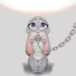  anthro areola bdsm bondage bound breasts chain collar disney ears_down eyebrows eyelashes female fur genitals grey_body grey_fur hands_behind_back hardmoden judy_hopps kneeling lagomorph leporid looking_at_viewer mammal metal_collar navel nipples nude pivoted_ears purple_eyes pussy rabbit solo submissive submissive_female thigh_gap zootopia 