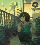  1girl black_eyes black_hair black_pants building drawstring green_sky grey_hoodie highres holding holding_watering_can hood hoodie kensight328 leaf original pants parted_lips plant potted_plant shadow short_hair solo watering_can 