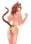  1girl absurdres animal_ears ass back backlighting bangs bikini bikini_bottom_only blush brown_hair brown_tail cat_ears cat_girl cat_tail clenched_hands cowboy_shot from_behind gold_bikini hands_up highres lips looking_away looking_to_the_side macosee original paw_pose red_eyes shoulder_blades simple_background smile solo standing swimsuit tail tail_raised topless 