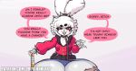  anthro baseball_bat bat_(object) big_breasts breasts cleavage clothed clothing collar dialogue female fur hi_res lagomorph larger_female leash leporid mammal polygonheart rabbit scar size_difference smaller_female white_body white_fur 