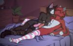  anthro bed bedroom boots clothing domestic_cat duo felid feline felis footwear furniture gart gartie growling male male/male mammal socks 