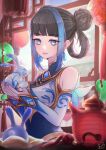  1girl animal bangs bare_shoulders black_hair blue_eyes blue_hair blue_nails blurry blurry_foreground breasts brooch bunny detached_sleeves earrings eyebrows_visible_through_hair hair_bun hair_rings hands_up highres holding holding_animal ikumiy jewelry large_breasts league_of_legends lux_(league_of_legends) multicolored_hair nail_polish porcelain_lux shiny shiny_hair signature smile solo two-tone_hair upper_body 