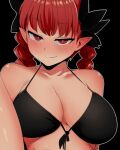  1girl bangs bare_shoulders bikini black_background black_bikini blunt_bangs blush braid breasts breasts_day bright_pupils cleavage collarbone extra_ears eyebrows_visible_through_hair fang full-face_blush half-closed_eyes kaenbyou_rin large_breasts long_hair looking_at_viewer mizuga pointy_ears red_eyes red_hair seductive_smile simple_background skin_fang smile solo swimsuit touhou twin_braids twintails upper_body white_pupils 