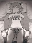  1girl 1other animal_print areola_slip areolae bed_sheet bikini bikini_removed cutting_clothes gojarun highres horns idolmaster idolmaster_cinderella_girls leopard_print lying ninomiya_asuka on_back oni_horns outstretched_arms pillow print_bikini scissors shadow sleeping swimsuit 