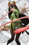  1girl :&gt; ass_visible_through_thighs asui_tsuyu belt black_eyes black_hair bodysuit boku_no_hero_academia boots bow_by_hair closed_mouth dark_green_hair frog_girl from_below gloves goggles goggles_on_head green_bodysuit hair_between_eyes hair_rings highres long_hair long_tongue looking_at_viewer low-tied_long_hair nikusenpai standing superhero thigh_boots thighhighs tongue very_long_hair very_long_tongue white_background 