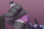  2022 anthro belly big_belly black_body black_nose bulge captainjusticevirtsuoso clothing duo eyes_closed giant_panda hat headgear headwear horrorbuns humanoid_hands male male/male mammal obese obese_male overweight overweight_male procyonid raccoon underwear ursid white_body 