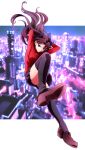  1girl absurdres arms_up black_legwear black_ribbon black_skirt blue_eyes brown_footwear brown_hair city_lights cityscape closed_mouth fate/stay_night fate_(series) floating_hair full_body hair_intakes hair_ribbon highres karasaki long_hair long_sleeves night pleated_skirt print_sweater red_sweater ribbon shoes skirt solo sweater thighhighs thighs tohsaka_rin two_side_up zettai_ryouiki 