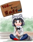  1girl alternate_costume animal_ears black_hair blush_stickers bow bowtie brown_eyes casual chibi common_raccoon_(kemono_friends) contemporary day extra_ears fang full_body fur_collar grey_hair highres holding holding_sign kemono_friends long_sleeves looking_at_viewer medium_hair multicolored_hair open_mouth outdoors pants raccoon_ears raccoon_girl raccoon_tail shoes sidelocks sign sitting smile solo striped_tail sweater tail takamaru_(minamimachi_seisakusho) translation_request white_hair 