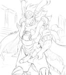  2018 anthro armor bodily_fluids bottomwear bottomwear_pull cape clothing clothing_pull dragon drum_bunker_dragon erection future_card_buddyfight genital_fluids genitals hair horn looking_at_viewer male monochrome pants pants_pull penis precum reptile scalie solo standing zerofox1000 