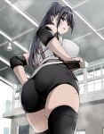  1girl ass bike_shorts black_eyes breasts dark_blue_hair elbow_pads from_behind gym highres huge_ass huge_breasts looking_at_viewer looking_back monpuchi open_mouth original puffy_nipples shirt skindentation solo sportswear sweat thick_thighs thighhighs thighs 