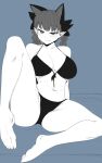  1girl animal_ears bare_shoulders barefoot bikini breasts cat_ears closed_mouth extra_ears fang full_body half-closed_eyes kaenbyou_rin knee_up large_breasts looking_at_viewer mizuga monochrome navel pointy_ears sitting skin_fang solo spread_legs swimsuit toes touhou 