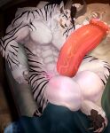  abs animal_genitalia anthro balls bed bedroom big_balls big_penis bodily_fluids charr fantasy fasttrack37d felid fur furniture genital_fluids genitals guild_wars hi_res hindpaw horn huge_balls huge_penis hyper hyper_balls hyper_genitalia hyper_penis male mammal muscular muscular_anthro muscular_male nude paws penis potion precum sheath stripes vein veiny_penis video_games white_body white_fur 