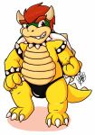  2015 anthro beckoning biped bowser bulge claws clothing collar dragon g-string gaokun gesture hair hi_res horn male mario_bros nintendo red_eyes red_hair shell simple_background solo spiked_collar spikes teeth toe_claws turtle_shell underwear video_games watermark white_background white_body white_skin 