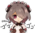 1girl artist_name bangs brown_hair closed_mouth hair_over_one_eye holding holding_plate honkai_(series) honkai_impact_3rd looking_at_viewer maid maid_headdress meadow_(morphinecaca) plate purple_eyes rita_rossweisse rita_rossweisse_(umbral_rose) short_hair simple_background smile solo white_background 