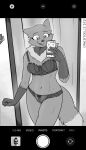  2021 amy_(canisfidelis) anthro black_nose breasts canid canine canis canisfidelis cellphone cheek_tuft chest_tuft clothed clothing english_text eyebrows facial_tuft female grey_body hi_res holding_cellphone holding_object holding_phone inside lingerie looking_at_cellphone looking_at_object looking_at_phone mammal mirror_selfie navel open_mouth phone phone_screen selfie smile solo standing text tuft underwear underwear_only wolf young 