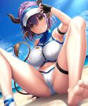  :d animal_ears arknights arm_up armpits bare_legs barefoot beach bikini black_gloves blush breasts cameltoe clothes_writing covered_nipples cow_ears cow_girl cow_horns cow_tail fingerless_gloves gloves hand_on_headwear horns knees_up lambda_(kusowarota) large_breasts looking_at_viewer nipples official_alternate_costume on_ground parted_lips purple_hair sand see-through shoes short_hair sideroca_(arknights) sideroca_(light_breeze)_(arknights) single_shoe smile soles spread_legs sweat swimsuit tail thigh_strap visor_cap white_bikini white_headwear yellow_eyes 