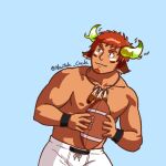  1boy abs american_football american_football_uniform animal_ear_fluff animal_ears ball bara brown_eyes brown_hair bulge carrying closed_mouth cow_ears cow_horns cowboy cowboy_shot cowboy_western facial_hair glowing_horns goatee highres horns large_pectorals male_focus mature_male muscular muscular_male nipples no_shirt nowifate_create pectorals short_hair solo sportswear stubble thick_eyebrows thick_thighs thighs tokyo_afterschool_summoners upper_body wakan_tanka 