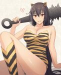  1girl animal_print black_hair breasts brown_eyes cleavage club_(weapon) collarbone eyebrows_visible_through_hair fake_horns hair_between_eyes heart holding holding_weapon horns kantai_collection kasumi_(skchkko) large_breasts long_hair nagato_(kancolle) oni_horns open_mouth setsubun smile solo spiked_club thighhighs tiger_print weapon 