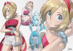  1girl arm_wrap blonde_hair blue_eyes eyebrow_cut glaceon highres irida_(pokemon) knees nao_(syn_eaa) pokemon pokemon_(creature) pokemon_(game) pokemon_legends:_arceus red_headwear red_shirt shirt short_hair shorts strapless strapless_shirt waist_cape white_shorts 