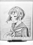  1girl bangs border commentary_request english_text floating_clothes floating_hair graphite_(medium) greyscale highres looking_away looking_down mechanical_pencil monochrome murata_range neckerchief original parted_lips pencil photo_(medium) sailor_collar school_uniform serafuku shikishi short_hair solo traditional_media upper_body wind 