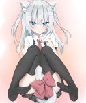  1girl animal_ear_fluff animal_ears black_legwear blue_eyes blush bow cat_ears cat_tail closed_mouth copyright_request grey_hair highres kamu_(geeenius) long_hair looking_at_viewer necktie puffy_short_sleeves puffy_sleeves red_bow red_necktie short_sleeves solo tail tail_bow tail_censor tail_ornament thighhighs two_side_up 