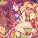  2girls absurdres bangs bare_shoulders blue_hair blush breasts claws closed_eyes closed_mouth fangs flower hair_flower hair_ornament highres league_of_legends lying multicolored_hair multiple_girls neeko_(league_of_legends) nidalee on_back pink_flower pink_hair ruan_chen_yue shiny shiny_hair signature sleeping smile tail vastaya 