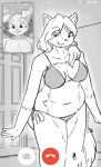  2021 anthro big_breasts black_and_white blush breasts canid canine canis canisfidelis clothed clothing domestic_dog duo english_text eye_through_hair eyebrow_through_hair eyebrows female floppy_ears hair head_tuft hi_res humphrey_(canisfidelis) inside long_hair male mammal monochrome navel nipples open_mouth phone_screen seashell_(canisfidelis) simple_background smile standing swimwear text translucent translucent_hair tuft young 