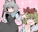  2girls ahoge animal_ear_fluff blonde_hair dowsing_rod expressionless fe_(tetsu) mouse_tail multicolored_hair multiple_girls nazrin open_mouth own_hands_clasped own_hands_together pink_background red_eyes silver_hair simple_background sparkle streaked_hair tail toramaru_shou touhou yellow_eyes 