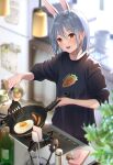  1girl :d absurdres animal_ear_fluff animal_ears bangs black_shirt blue_hair blue_nails blurry blurry_background blush bottle byoko_(byokoramen) carrot_print commentary_request cooking cup food food_print fried_egg frying_pan hair_between_eyes highres holding holding_frying_pan holding_spatula hololive indoors kitchen long_sleeves print_shirt rabbit_ears red_eyes sausage shirt short_hair smile solo spatula stove teeth thick_eyebrows upper_teeth usada_pekora virtual_youtuber 