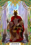  4322chan anthro art_nouveau canid canine canis cape card chair clothing crown curtains detailed_background domestic_dog furniture german_shepherd herding_dog hi_res holding_object holding_weapon justice_(tarot) looking_away major_arcana male mammal melee_weapon on_chair pastoral_dog red_clothing scales sitting sitting_on_chair solo sword tarot_card weapon 