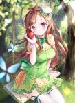  1girl :o absurdres antenna_hair apple blurry blurry_background blush breasts brown_hair bug butterfly commentary depth_of_field dress food forest fruit gloves green_dress hat haundo_b highres idolmaster idolmaster_cinderella_girls idolmaster_cinderella_girls_starlight_stage light_rays long_hair looking_at_viewer medium_breasts mini_hat nature puffy_short_sleeves puffy_sleeves red_eyes short_sleeves sitting solo swing symbol-only_commentary thighhighs tree tsujino_akari very_long_hair white_gloves 