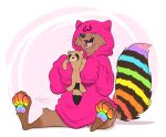  4_toes anthro baggy_clothing black_nose brown_body brown_fur clothing dakotasoftpaw feet fur happy holding_object hoodie male mammal markings multicolored_body multicolored_fur multicolored_markings multicolored_tail oversized_sleeves pawpads pink_clothing pink_tongue plushie procyonid raccoon rainbow_markings rainbow_tail simple_background sitting smile solo strawbear teeth toes tongue topwear whiskers 