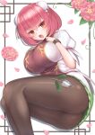  1girl :o ass bangs black_legwear blush breasts cuffs eyebrows_visible_through_hair feet_out_of_frame flower furrowed_brow gold_trim hair_between_eyes hands_up harunoha highres hiiragi_iwashi ibaraki_kasen large_breasts looking_at_viewer open_mouth pantyhose pink_eyes pink_flower pink_hair puffy_short_sleeves puffy_sleeves setsubun shackles short_sleeves solo tabard thighs touhou 